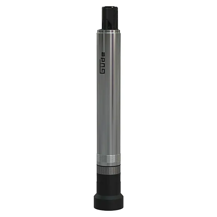 Güde Tiefbrunnenpumpe GTT 900.1 - 900 W, Max. Fördermenge: 4.500 l/h, Max. Druck: 6 bar - Produktbild eines silbernen, zylindrischen GLIDE-Verdampfers mit schwarzem Mundstück und perforierter Basis.