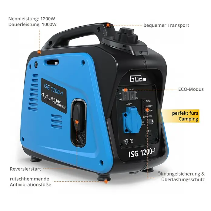 Güde Stromerzeuger 1200-1 - 1,2 kW, Tankvolumen: 2,8 l, Verbrauch: 0,57 l/h - Abbildung des Güde ISG 1200-1 Inverter Stromerzeugers, ideal für Camping, mit 1200W Nennleistung und bequemem Transport.