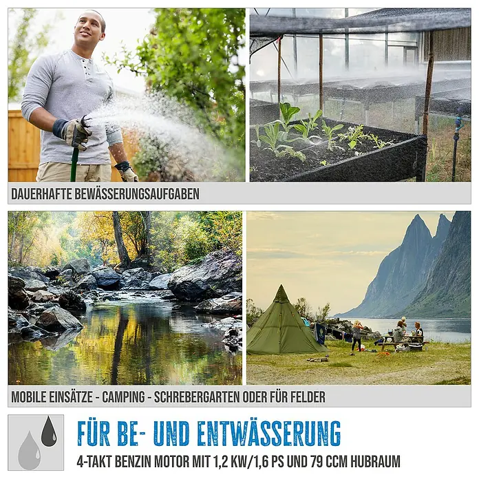Güde Benzin-Klarwasserpumpe GMP 15.22 SET - 1,6 PS, Max. Fördermenge: 15.000 l/h - Dauerhafte Bewässerung und mobile Einsätze.