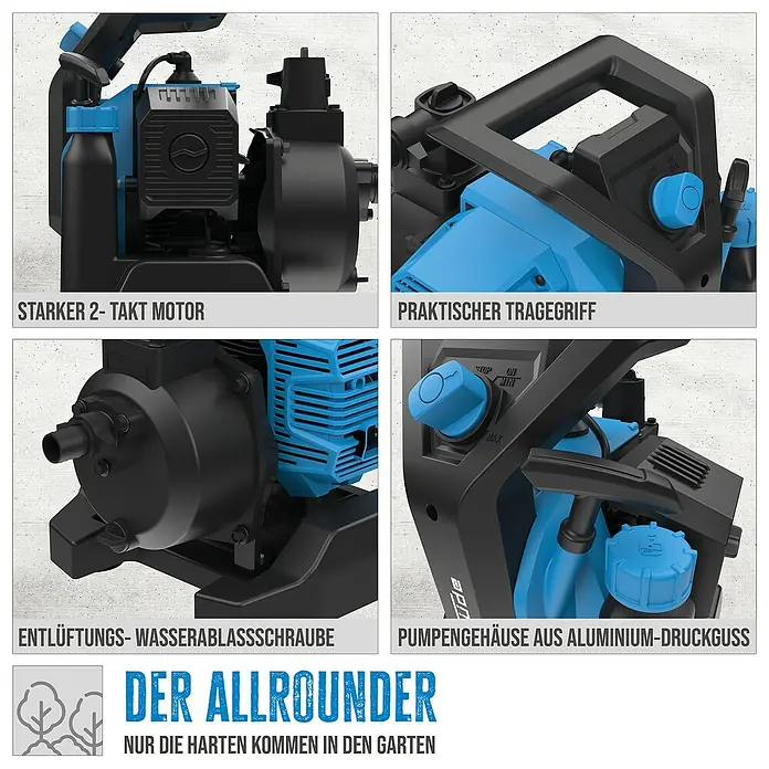 Güde Benzin-Klarwasserpumpe GMP 7.21 - 2 PS, Max. Fördermenge: 7.000 l/h - Produktabbildung einer schwarzen und blauen Gartenpumpe mit den Beschriftungen der technischen Details.