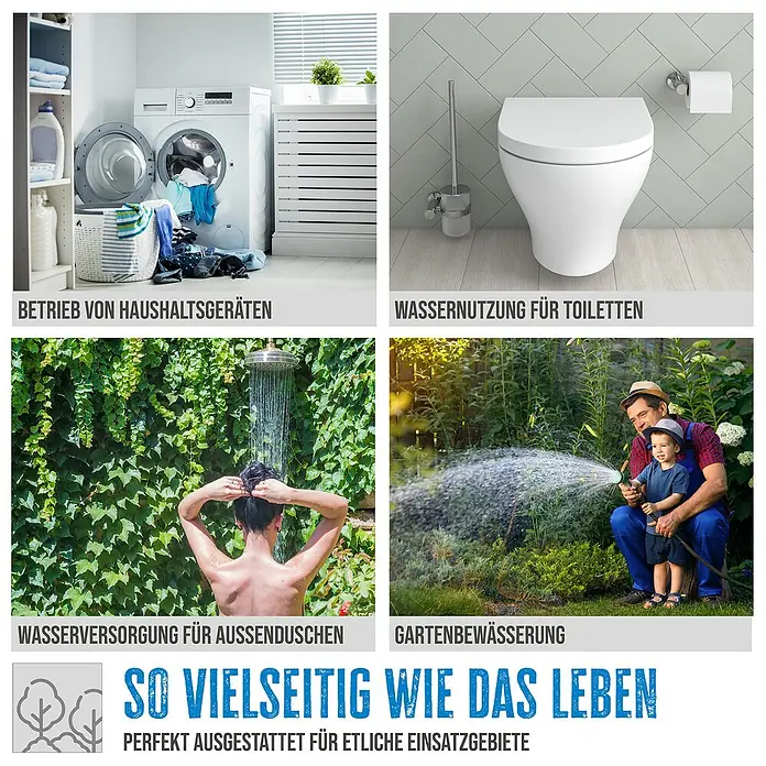 Güde Hauswasserwerk HWW 1400.2 VF - 1.400 W, Max. Fördermenge: 4.800 l/h, Max. Druck: 4,8 bar - Bild von Wasseranwendungen im Haushalt, von der Waschmaschine bis zur Gartenbewässerung.