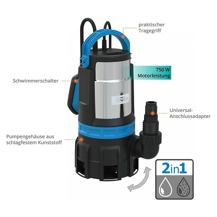 Güde Schmutzwasserpumpe Kombipumpe GS 750.1 - 750 W, Max. Fördermenge: 16.500 l/h - Bild einer schwarzen und silbernen Güde Schmutzwasserpumpe mit blauem Griff und orangefarbenen Markierungen für Produktmerkmale.
