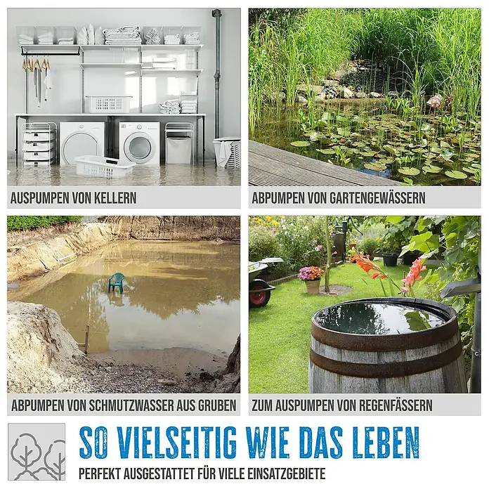Güde Schmutzwasserpumpe GS 1103 PI - 1.100 W, Max. Fördermenge: 20.000 l/h - Bild zeigt verschiedene Pumpen für Keller, Gartenteiche, Gruben und Regenfässer. Vielseitig einsetzbar für viele Anwendungsbereiche.