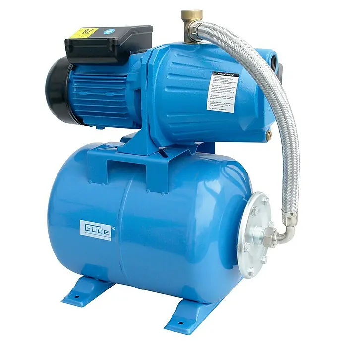 Güde Hauswasserwerk HWW 1300 G - 1.300 W, Max. Fördermenge: 4.000 l/h, Max. Druck: 4,8 bar - Das blaue Hauswasserwerk Güde HWW 3100 K mit Druckkessel und Motor für die Gartenbewässerung und die Brauchwasserversorgung im Haus.