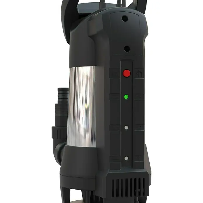 Güde Schmutzwasserpumpe GS 750.1 Inox - 750 W, Max. Fördermenge: 15.000 l/h - Hier ist eine Nahaufnahme einer grauen Schmutzwasserpumpe mit sichtbaren roten und grünen Lichtern auf dem Bedienfeld.