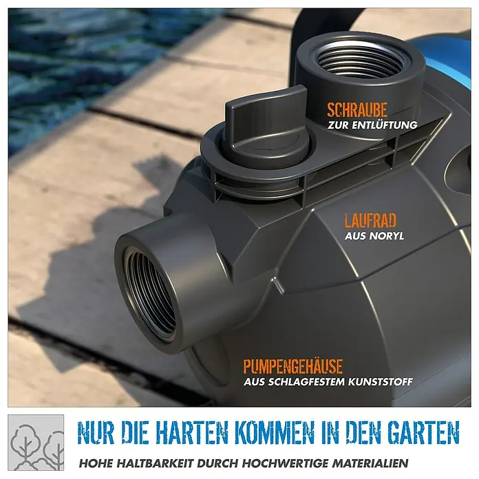 Güde Gartenpumpe GP 6035 - 600 W, Max. Fördermenge: 3.200 l/h - Nahaufnahme der robusten Gartenpumpe mit hochwertigen Materialien für hohe Haltbarkeit.
