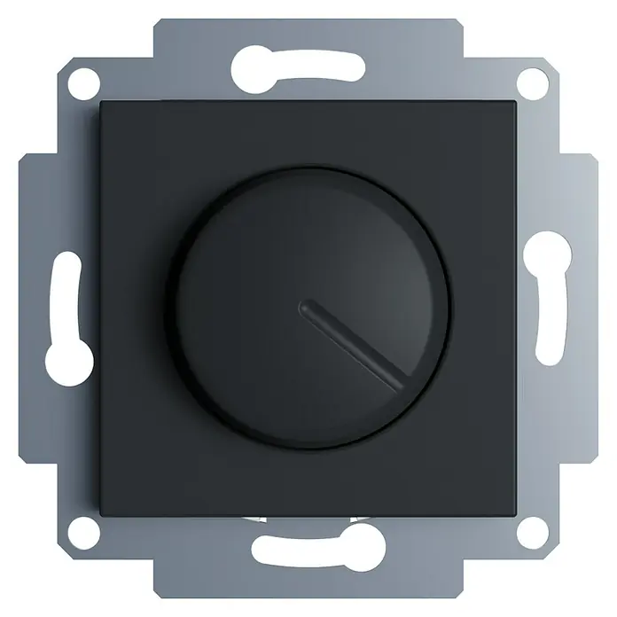 LED-Dimmer Rio - Schwarz Soft Touch - Nahaufnahme eines schwarzen Dimmers mit silberner Halterung, der die Helligkeit in einem Raum reguliert.