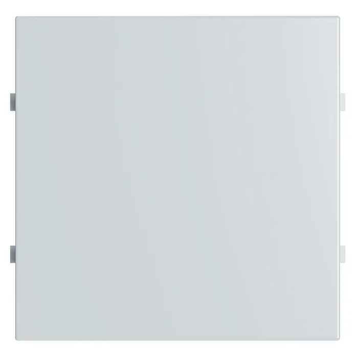 Blindabdeckung I500 - Alpinweiss, Glänzend, Kunststoff - Das Bild zeigt ein quadratisches, weißes Paneel mit silbernen Halterungen an den Seiten, ideal für moderne Innenräume.