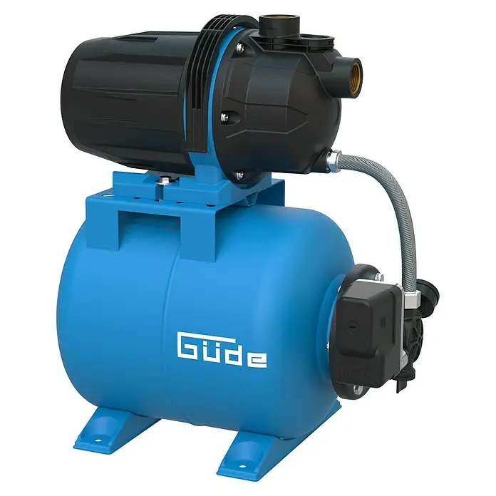 Güde Hauswasserwerk HWW 6035 - 600 W, Max. Fördermenge: 3.200 l/h, Max. Druck: 3,5 bar - Abbildung einer Güde Hauswasserwerk Pumpe mit blauem Tank und schwarzem Motor, ideal zur Wasserversorgung im Haus und Garten.
