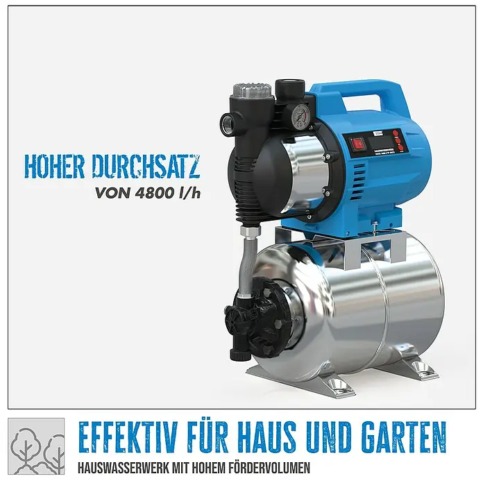 Güde Hauswasserwerk HWW 1400.3 VF INOX - 1.400 W, Max. Fördermenge: 4.800 l/h, Max. Druck: 4,8 bar - Abbildung einer Hauswasserpumpe mit hohem Fördervolumen, ideal für Haus und Garten, mit einer Kapazität von 4800 l/h.