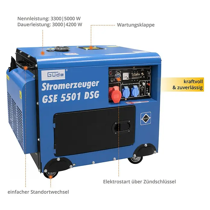 Güde Stromerzeuger GSE 5501 DSG - 5 kW, Tankvolumen: 14,5 l, Verbrauch: 1,5 l/h - Der Güde Stromerzeuger GSE 5501 DSG, ein leistungsstarkes und zuverlässiges Gerät mit Elektrostart, ist für den einfachen Standortwechsel konzipiert.