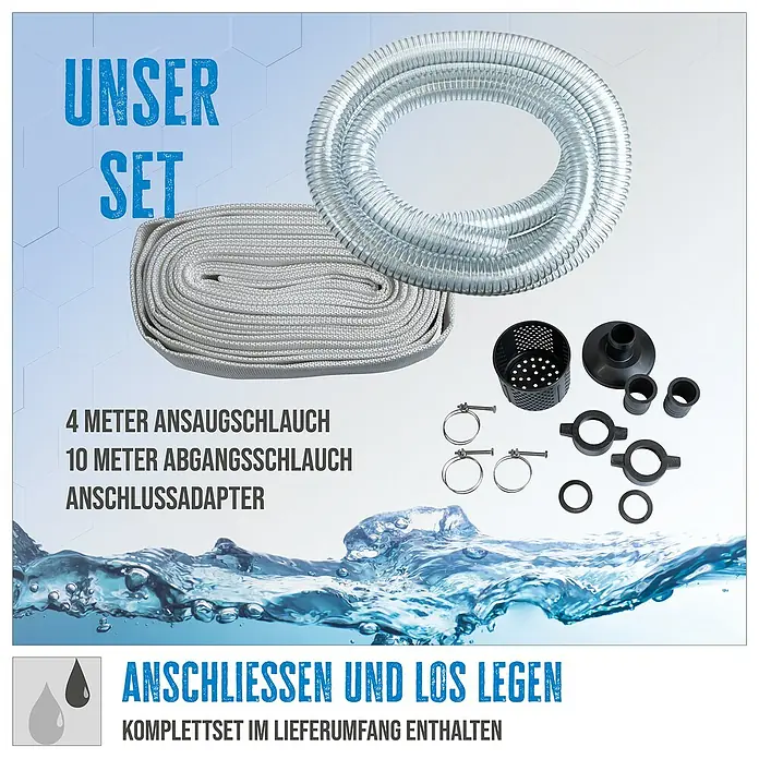 Güde Benzin-Klarwasserpumpe GMP 15.22 SET - 1,6 PS, Max. Fördermenge: 15.000 l/h - Produktbild eines Pumpensets mit Schlauch, Anschlussadaptern und Zubehör für vielfältige Anwendungen.