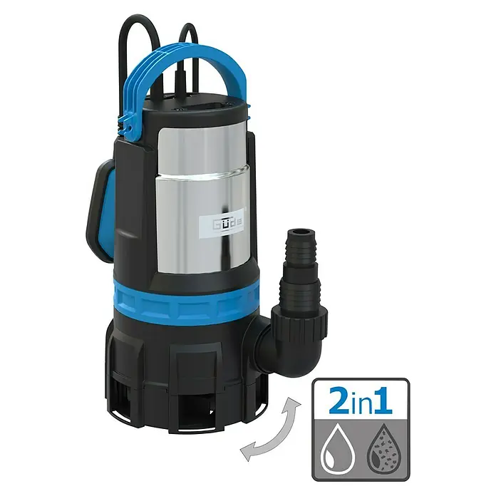 Güde Schmutzwasserpumpe Kombipumpe GS 750.1 - 750 W, Max. Fördermenge: 16.500 l/h - Abgebildete Tauchpumpe mit blauem Griff und Details. Die Pumpe ist ideal zum Abpumpen von sauberem und schmutzigem Wasser.