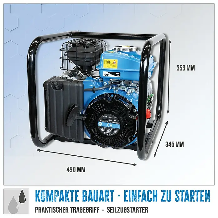 Güde Benzin-Klarwasserpumpe GMP 15.22 SET - 1,6 PS, Max. Fördermenge: 15.000 l/h - Abbildung eines blauen Stromerzeugers in einem schwarzen Rahmen mit Maßangaben.