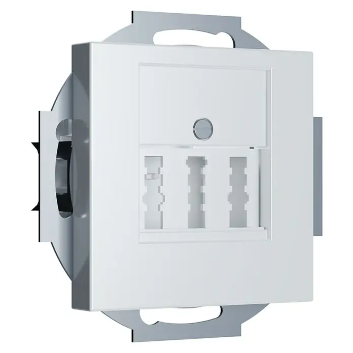 TAE-Telefondose I500 - Alpinweiss, Glänzend - Nahaufnahme einer weißen Netzwerkdose mit drei Eingängen, ideal für den modernen Büro- oder Heimgebrauch.