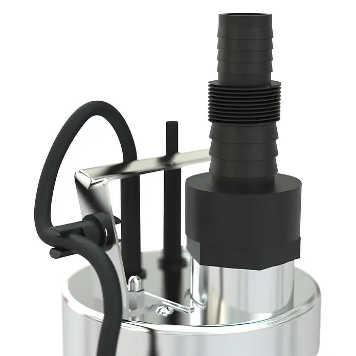 Güde Tauchpumpe GFS 4000 Inox - 500 W, Max. Fördermenge: 9.000 l/h - Detailaufnahme einer Tauchpumpe mit schwarzem Schlauchanschluss und silberfarbenem Gehäuse. Ideal für Entwässerungsarbeiten.