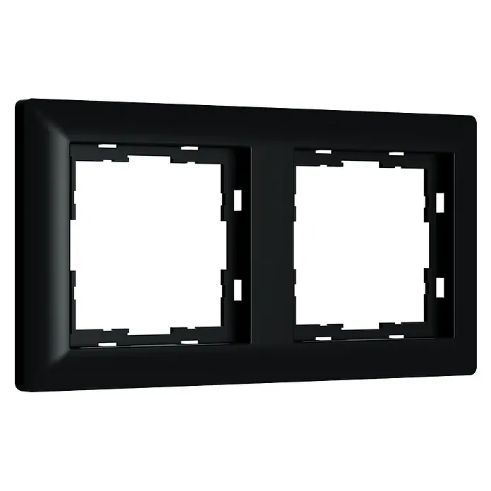 Abdeckrahmen I500 - Matt schwarz, Ausführung Schalterprogramm: 2-fach, Kunststoff - Eine schwarze Doppelrahmenblende mit rechteckigen Öffnungen, ideal für modulare Schalter und Steckdosen. Elegantes Design für moderne Innenräume.