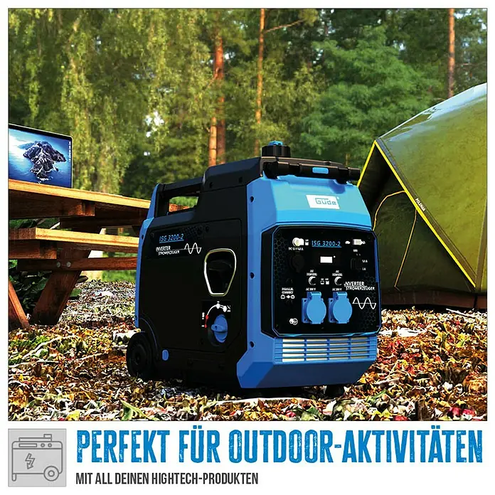 Güde Stromerzeuger ISG 3200-2 - 3.500 kW, Tankvolumen: 7,8 l, Verbrauch: 1,42 l/h - Ein blauer und schwarzer Güde ISG 3200-2 Inverter Stromerzeuger steht im Freien.