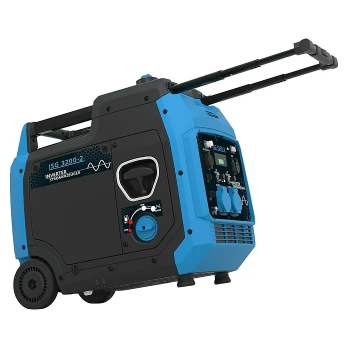 Güde Stromerzeuger ISG 3200-2 - 3.500 kW, Tankvolumen: 7,8 l, Verbrauch: 1,42 l/h - Abbildung eines blauen und schwarzen Büde ISG 3200-2 Inverter Stromerzeugers mit ausziehbarem Griff und Rädern für den einfachen Transport.