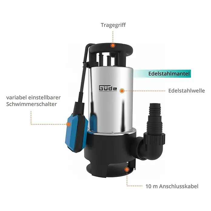 Güde Schmutzwasserpumpe GS 1103 PI - 1.100 W, Max. Fördermenge: 20.000 l/h - Das Bild zeigt eine Güde-Tauchpumpe mit Edelstahlmantel, Tragegriff, Schwimmerschalter und 10 m Anschlusskabel.