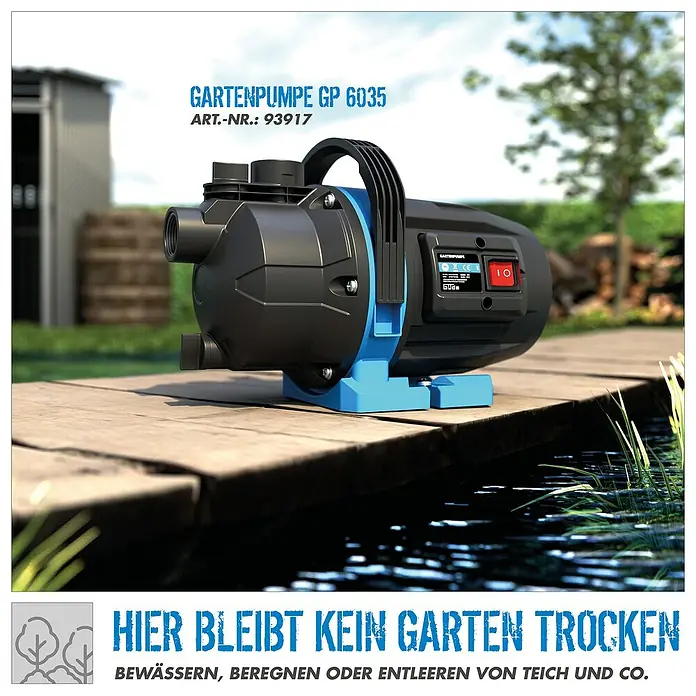 Güde Gartenpumpe GP 6035 - 600 W, Max. Fördermenge: 3.200 l/h - Abbildung einer Gartenpumpe GP 6035, Artikelnummer 93917. Ideal zur Bewässerung, Beregnung oder Entleerung von Teichen und Co.