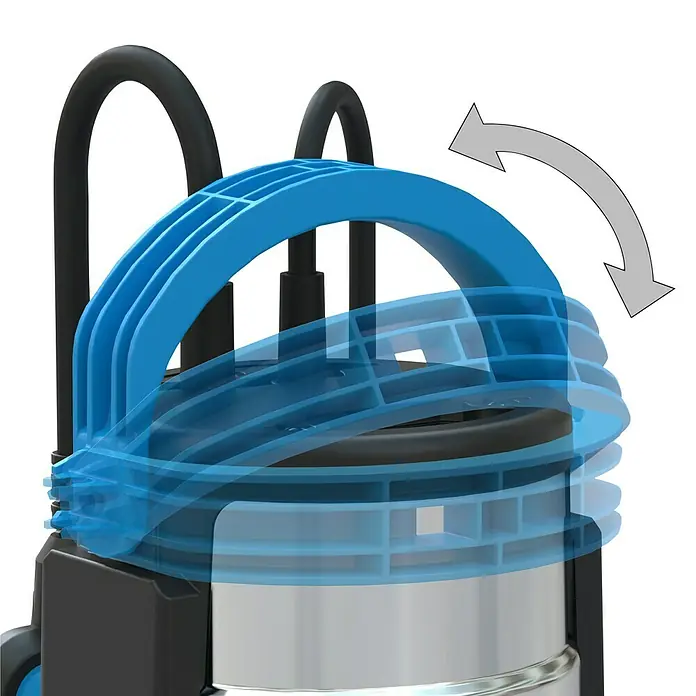 Güde Schmutzwasserpumpe Kombipumpe GS 750.1 - 750 W, Max. Fördermenge: 16.500 l/h - Detailansicht eines Produkts mit blauem Griff, der sich dreht.