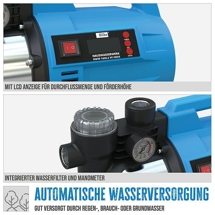 Güde Hauswasserwerk HWW 1400.3 VF INOX (1 400 W, Max. Fördermenge: 4 800 l/h, Max. Druck: 4,8 bar) | BAUHAUS
