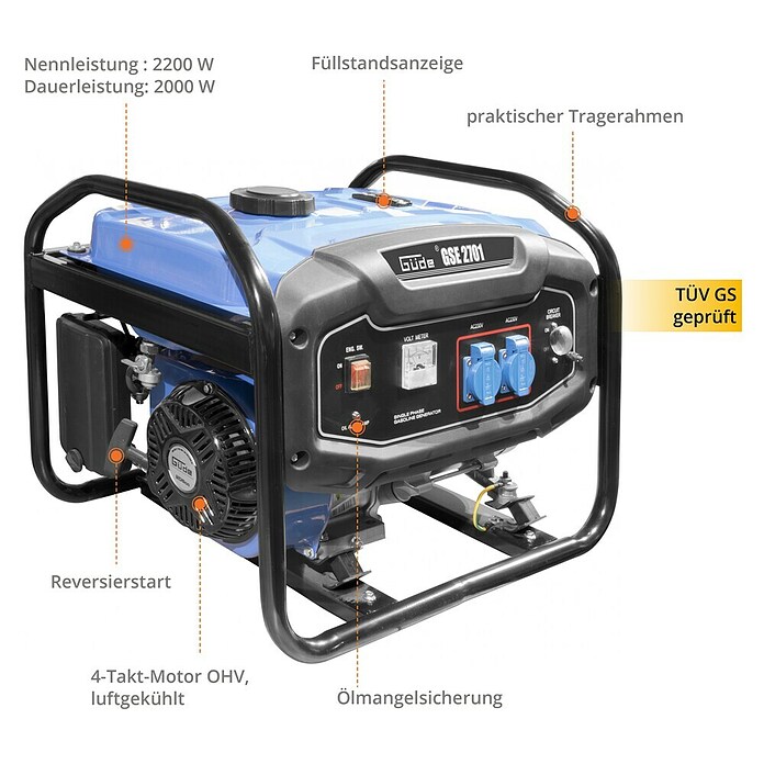 Güde Stromerzeuger GSE 2701 (2,2 kW, Tankvolumen: 15 l, Verbrauch: 1,25 l/h) | BAUHAUS