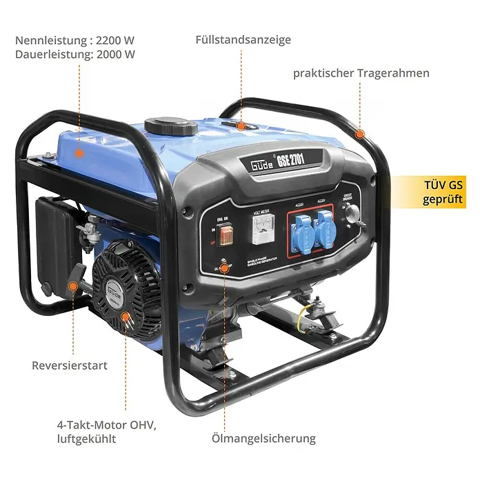Güde Stromerzeuger GSE 2701 - 2,2 kW, Tankvolumen: 15 l, Verbrauch: 1,25 l/h - Abbildung eines Güde GSE 2701 Stromerzeugers mit technischen Details und Produktmerkmalen hervorgehoben.