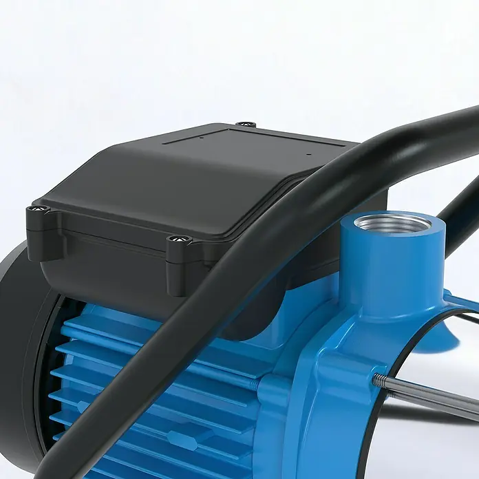 Güde Gartenpumpe MP 120/5A/GJ - 1.300 W, Max. Fördermenge: 5.400 l/h - Nahaufnahme einer blauen Wasserpumpe mit schwarzem Gehäuse und Griff, ideal für den Einsatz im Garten oder zur Hauswasserversorgung.