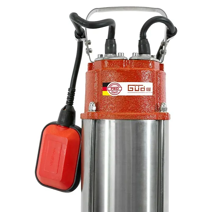 Güde Schmutzwasserpumpe Flut-Set Pro 1100 A - 1.300 W, Max. Fördermenge: 28.000 l/h, Eintauchtiefe: 5 m - Abgebildete Tauchpumpe von Güde, Pro-Series, ideal für Abwasser. Solide Bauweise mit Edelstahl und Schwimmerschalter für zuverlässigen Betrieb.