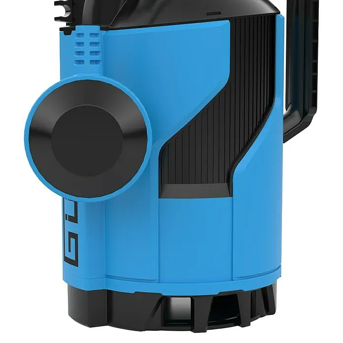 Güde Schmutzwasserpumpe Flut-Set 750 - 1.100 W, Max. Fördermenge: 20.000 l/h - Nahaufnahme eines blauen GL-Geräts mit schwarzem Drehknopf und Lüftungsschlitzen, ideal für Sportler zur Leistungssteigerung.