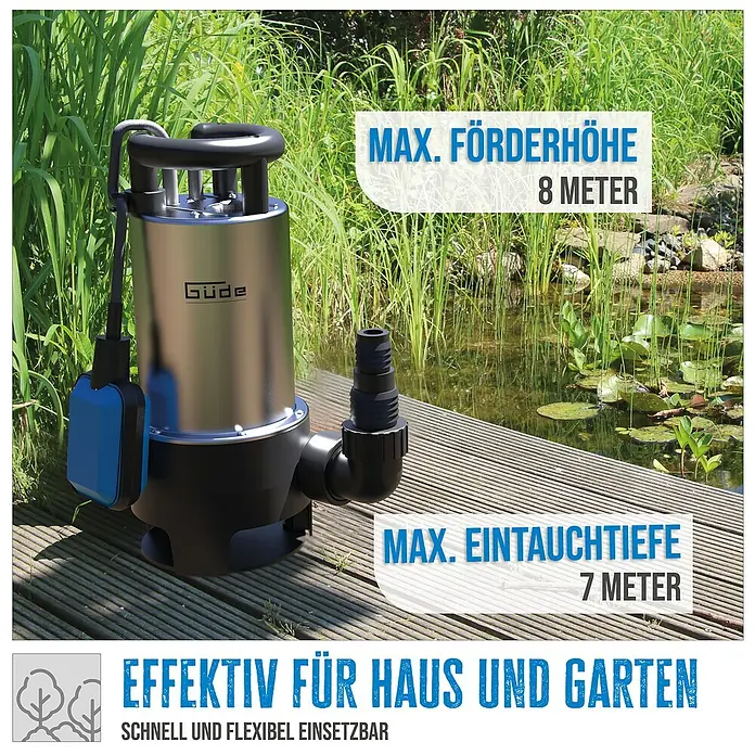 Güde Schmutzwasserpumpe GS 1103 PI - 1.100 W, Max. Fördermenge: 20.000 l/h - Bild einer Güde-Tauchpumpe, ideal für Haus und Garten. Maximale Förderhöhe 8 Meter, Eintauchtiefe 7 Meter.