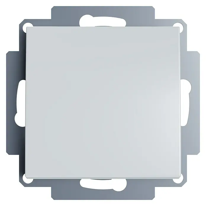 Doppelwechselschalter I500 - Alpinweiss, Glänzend, 10 A - Nahaufnahme eines weißen, quadratischen Lichtschalters mit silberfarbenem Rahmen, der ein modernes und minimalistisches Design zeigt.