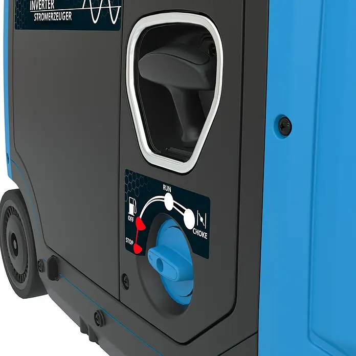 Güde Stromerzeuger ISG 3200-2 - 3.500 kW, Tankvolumen: 7,8 l, Verbrauch: 1,42 l/h - Nahaufnahme eines Stromerzeugers mit Bedienelementen und Starthebel.