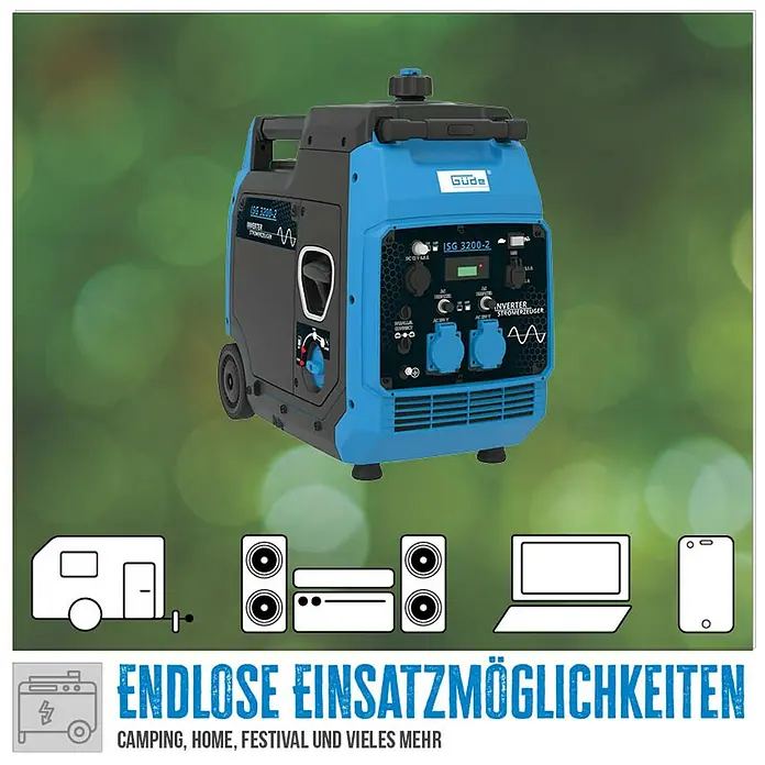 Güde Stromerzeuger ISG 3200-2 - 3.500 kW, Tankvolumen: 7,8 l, Verbrauch: 1,42 l/h - Tragbarer, blauer Güde ISG 3200-2 Inverter Stromerzeuger mit praktischen Einsatzmöglichkeiten für Camping, Zuhause oder Festivals.