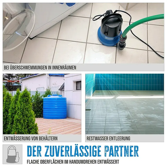 Güde Klarwasser-Tauchpumpe GFS 401 S - 400 W, Max. Fördermenge: 7.000 l/h - Das Bild zeigt eine Pumpe, die für Überschwemmungen, Behälterentleerung und Restwasserentfernung verwendet wird.\n