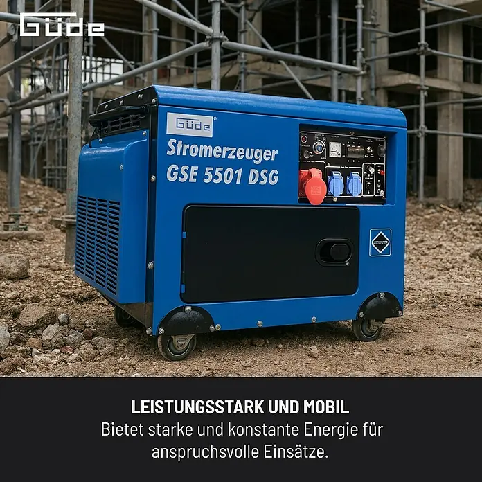 Güde Stromerzeuger GSE 5501 DSG - 5 kW, Tankvolumen: 14,5 l, Verbrauch: 1,5 l/h - Abbildung eines Güde Stromerzeugers GSE 5501 DSG. Leistungsstark und mobil für anspruchsvolle Einsätze, bietet konstante Energieversorgung.