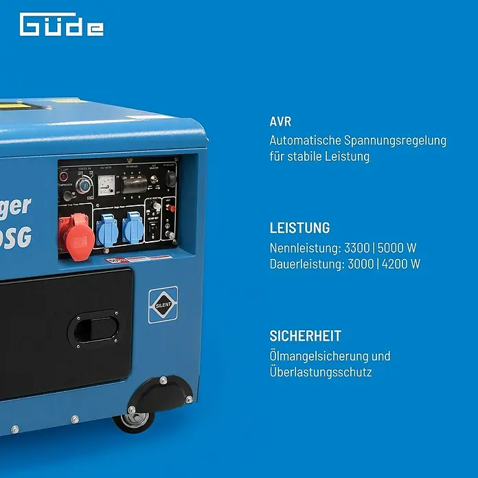 Güde Stromerzeuger GSE 5501 DSG - 5 kW, Tankvolumen: 14,5 l, Verbrauch: 1,5 l/h - Abbildung eines Güde Stromerzeugers mit AVR-Funktion, die für eine automatische Spannungsregelung und stabile Leistung sorgt, sowie Sicherheitsfunktionen.