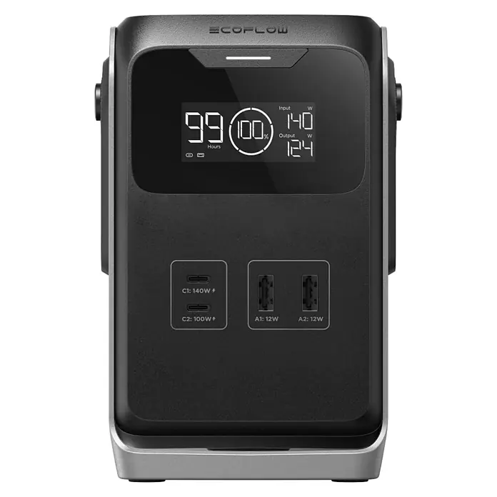 EcoFlow Powerstation Trail 200 DC - 192 Wh, Schwarz, Grau - Abbildung eines EcoFlow-Kraftwerks mit einer Kapazität von 99 Stunden, 100% geladen, 140 W Eingangsleistung und 124 W Ausgangsleistung.