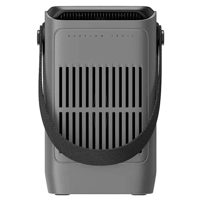 EcoFlow Powerstation Trail 200 DC - 192 Wh, Schwarz, Grau - Ein grauer EcoFlow Trail tragbarer Ventilator mit einem Tragegurt für einfachen Transport und Nutzung im Freien, ideal für unterwegs.