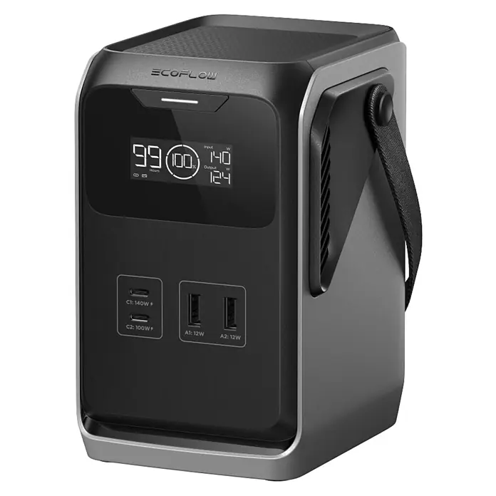 EcoFlow Powerstation Trail 200 DC - 192 Wh, Schwarz, Grau - Das Bild zeigt eine EcoFlow Powerstation mit Display, USB-Anschlüssen und Tragegriff, ideal für Stromversorgung unterwegs.