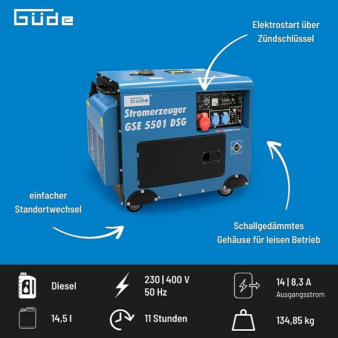 Güde Stromerzeuger GSE 5501 DSG (5 kW, Tankvolumen: 14,5 l, Verbrauch: 1,5 l/h) | BAUHAUS