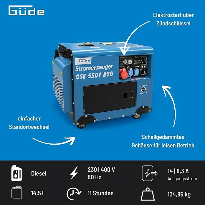 Güde Stromerzeuger GSE 5501 DSG - 5 kW, Tankvolumen: 14,5 l, Verbrauch: 1,5 l/h - Güde Stromerzeuger GSE 5501 DSG, ein Dieselgenerator mit Elektrostart, schallgedämmtem Gehäuse und einfacher Standortwechsel.