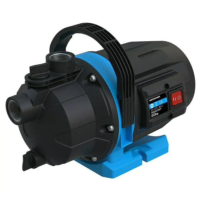 Güde Gartenpumpe GP 6035 - 600 W, Max. Fördermenge: 3.200 l/h - Eine schwarze Gartenpumpe mit blauem Sockel und Griff, die für die Bewässerung im Garten konzipiert ist.
