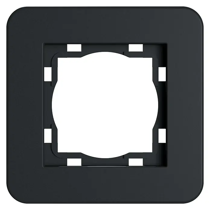 Abdeckrahmen Rio - Schwarz Soft Touch, Ausführung Schalterprogramm: 1-fach, Kunststoff - Nahaufnahme einer schwarzen Wandsteckdose, die ein minimalistisches und modernes Design für Innenräume zeigt.