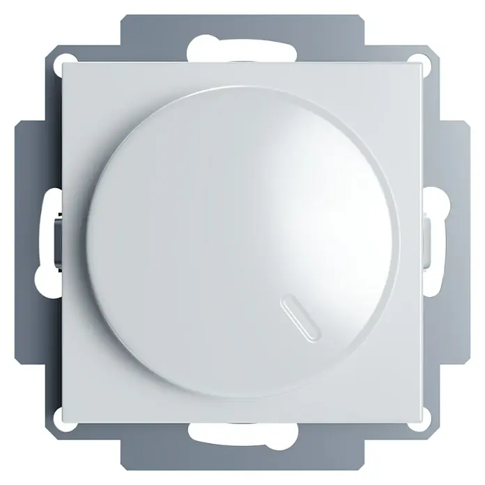 LED-Dimmer I500 - Alpinweiss, Kunststoff - Nahaufnahme eines weißen Drehdimmers mit quadratischer Blende und Metalleinfassung, der die einfache Bedienung und das moderne Design betont.