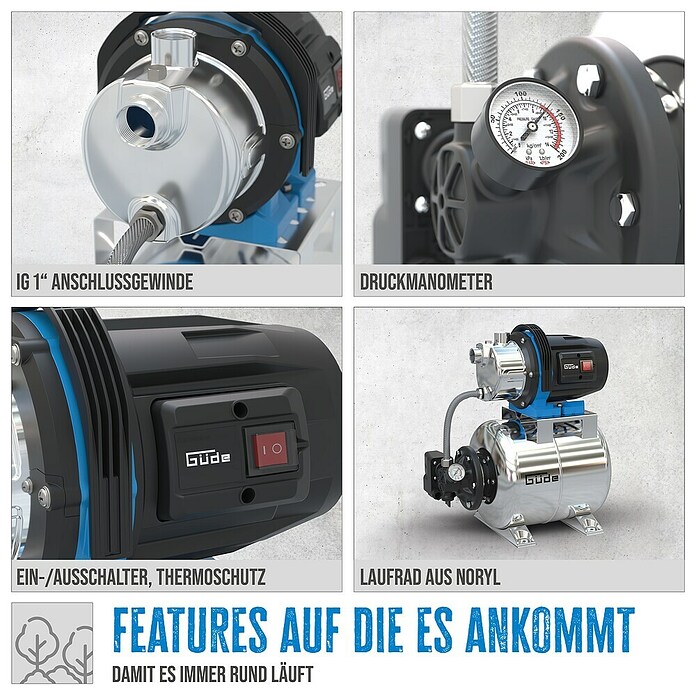 Güde Hauswasserwerk HWW 1000 ES (1 000 W, Max. Fördermenge: 3 800 l/h, Max. Druck: 4,4 bar) | BAUHAUS