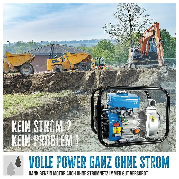 Güde Benzin-Klarwasserpumpe GMP 15.22 SET - 1,6 PS, Max. Fördermenge: 15.000 l/h - Eine Benzin-betriebene Wasserpumpe im Einsatz auf einer Baustelle, die Unabhängigkeit vom Stromnetz bietet.