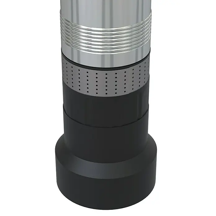 Güde Tiefbrunnenpumpe GTT 900.1 - 900 W, Max. Fördermenge: 4.500 l/h, Max. Druck: 6 bar - Eine Nahaufnahme eines modernen, mehrteiligen Pollers mit silbernen und schwarzen Elementen. Das Design ist schlicht, aber elegant.